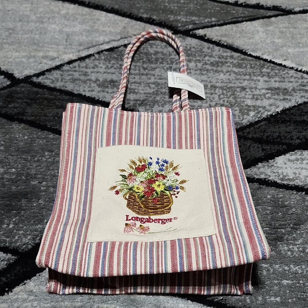 VINTAGE LONGABERGER HOMESTEAD MARKET STRIPE EMBROIDERED FLORAL TINY TOTE BAG